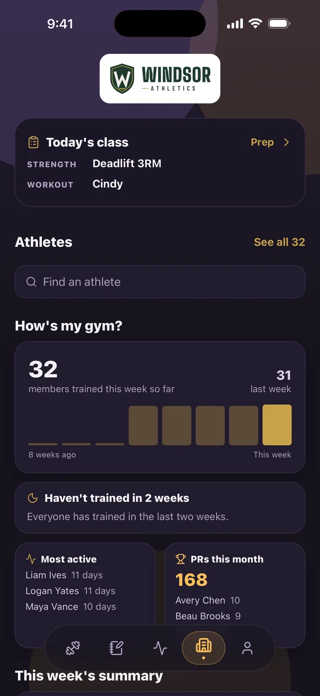 Gym home in the app, led by the gym's own logo: today's class, the athlete search, and How's my gym, with 32 members trained this week.