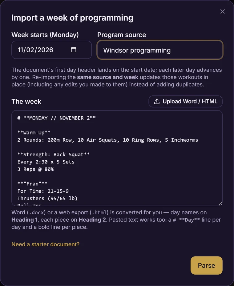 Import a week of programming: the week's programming going in, starting Monday with Strength: Back Squat and Fran.