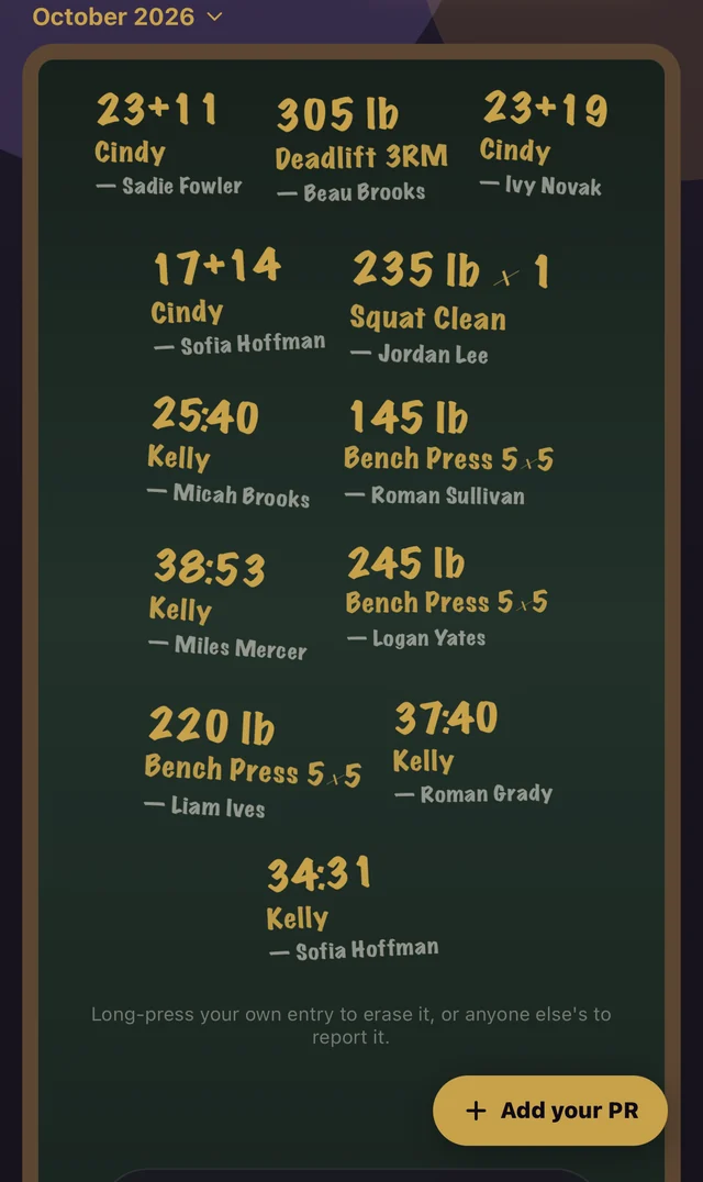 The gym's October PR board, chalk on green: Cindy rounds, Fran and Kelly times, and Jordan Lee's 235 lb Squat Clean.
