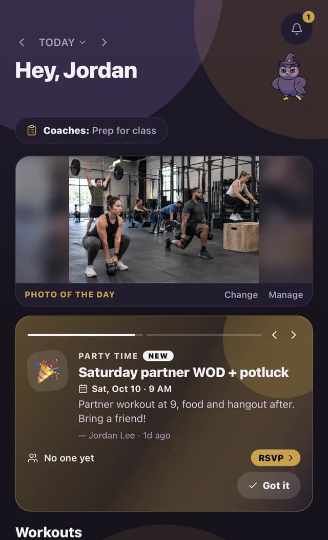 The Today screen: Hey, Jordan, the photo of the day, and a Saturday partner WOD event.
