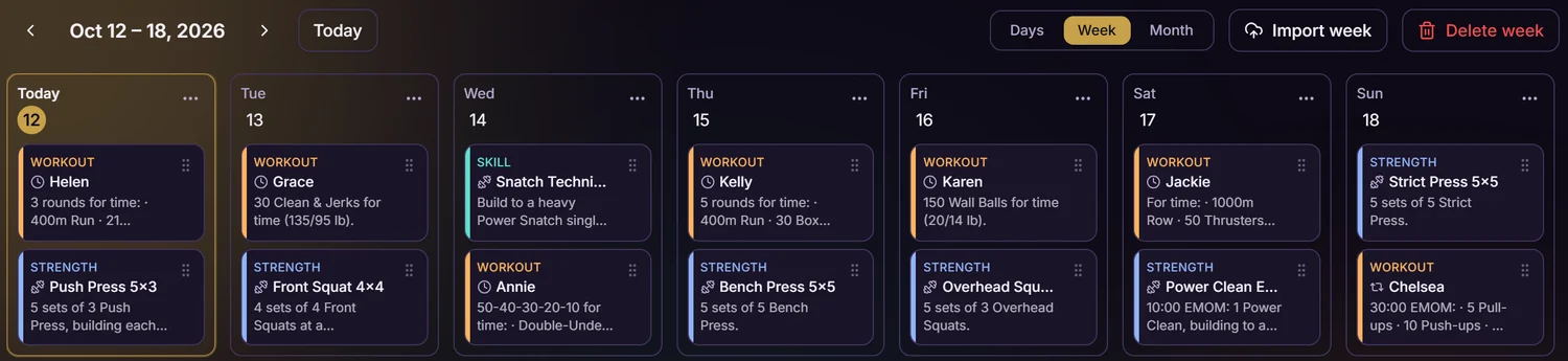 The programming board for a week: Helen, Grace, Annie, Kelly, Karen, Jackie and Chelsea, with a strength piece under each day.